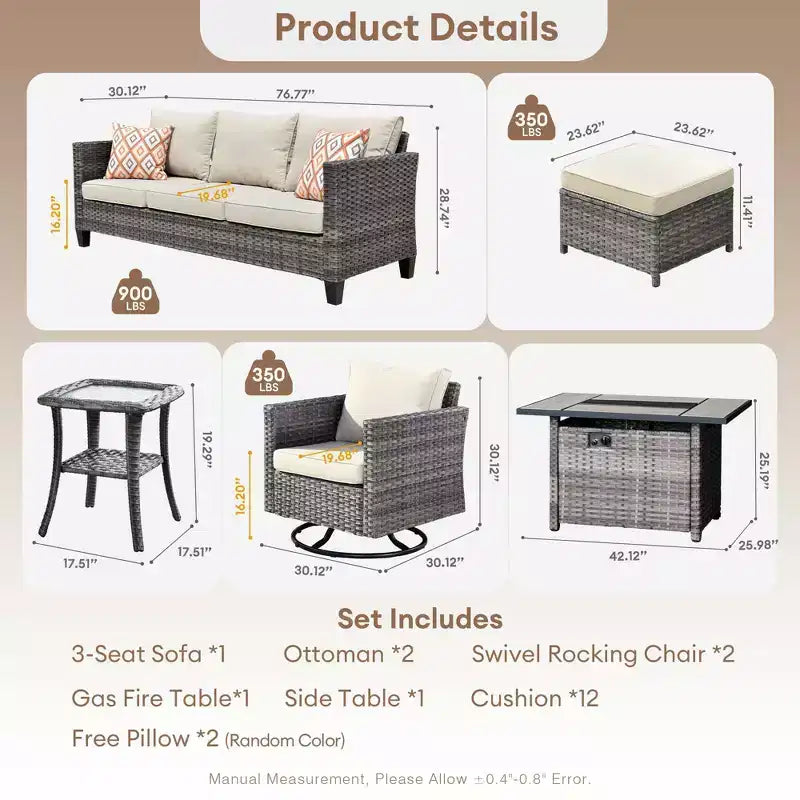 HOMLUX Conjunto de patio exterior de 7 piezas con mesa brasero, sofá, sillas giratorias y otomana