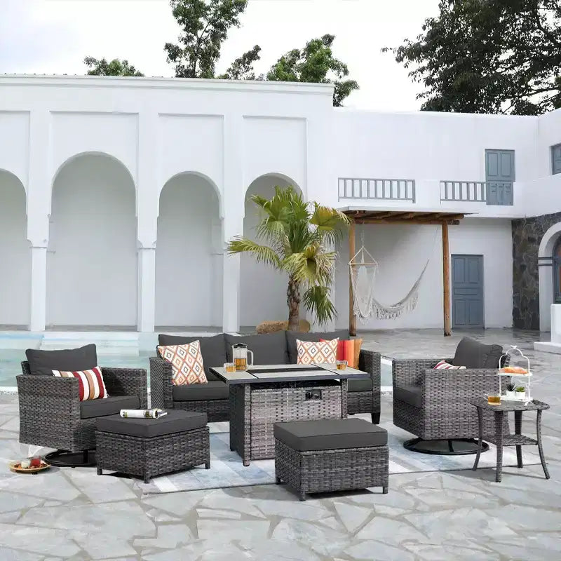 HOMLUX Conjunto de patio exterior de 7 piezas con mesa brasero, sofá, sillas giratorias y otomana