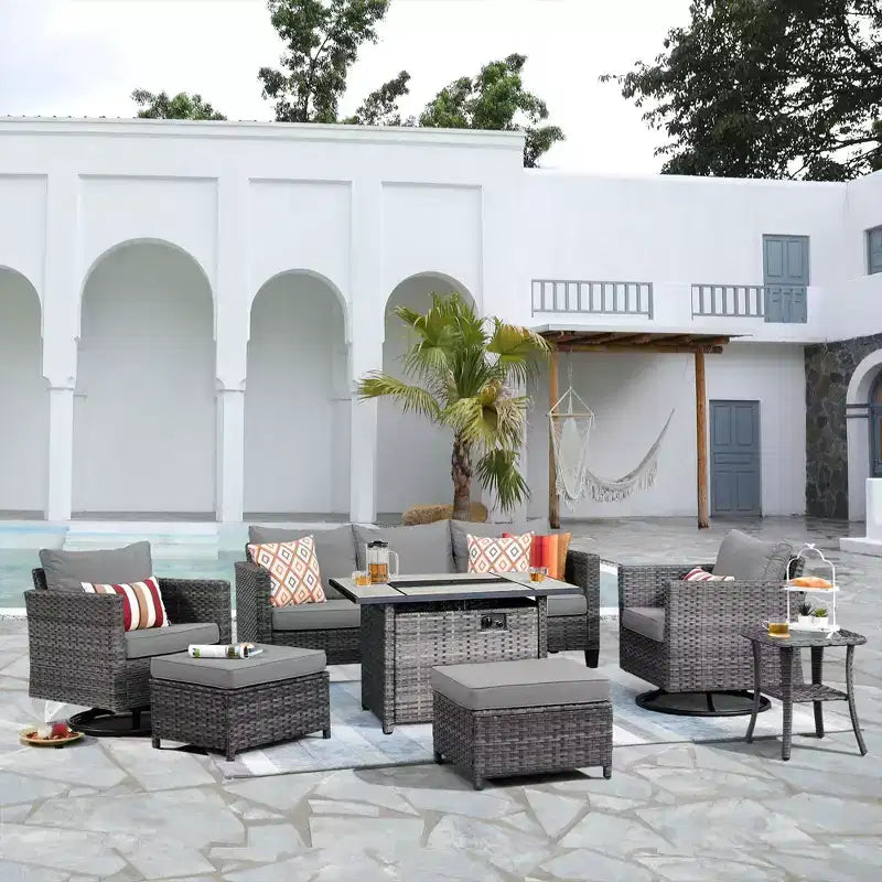 HOMLUX Conjunto de patio exterior de 7 piezas con mesa brasero, sofá, sillas giratorias y otomana