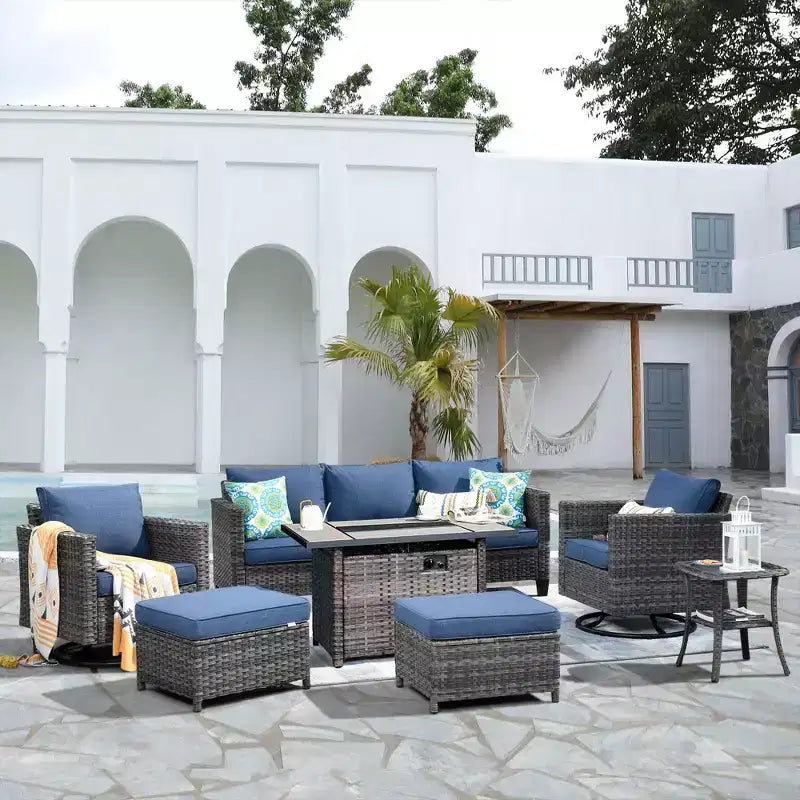 HOMLUX Conjunto de patio exterior de 7 piezas con mesa brasero, sofá, sillas giratorias y otomana