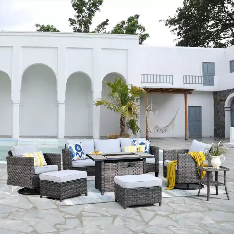 HOMLUX Conjunto de patio exterior de 7 piezas con mesa brasero, sofá, sillas giratorias y otomana