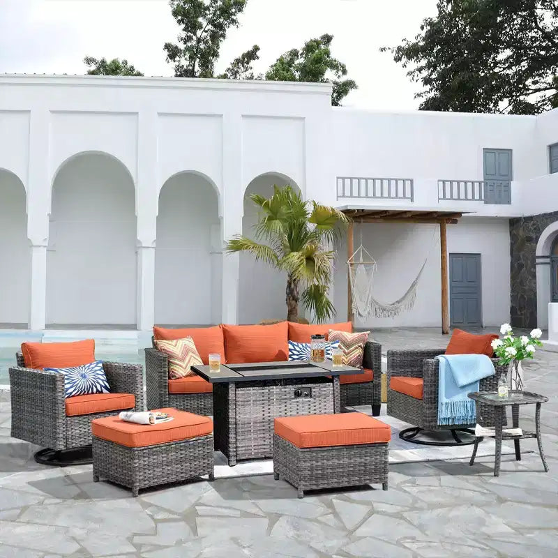 HOMLUX Conjunto de patio exterior de 7 piezas con mesa brasero, sofá, sillas giratorias y otomana