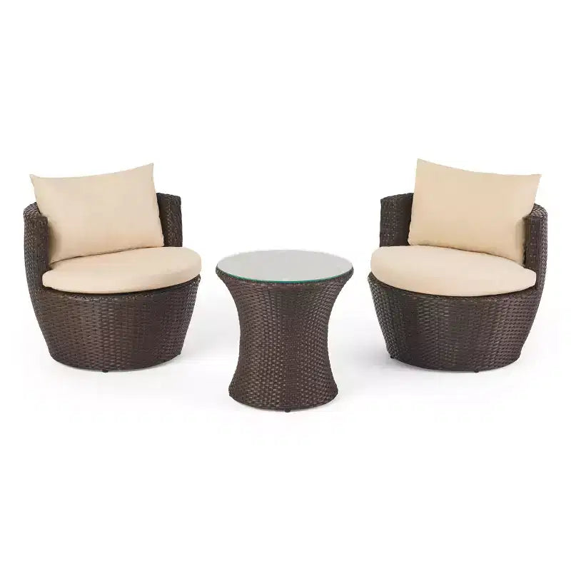 Ensemble de conversation d’extérieur ModernLuxe 3 pièces en osier, ensemble de salon de patio, fauteuils en rotin PE avec coussins et table en verre trempé
