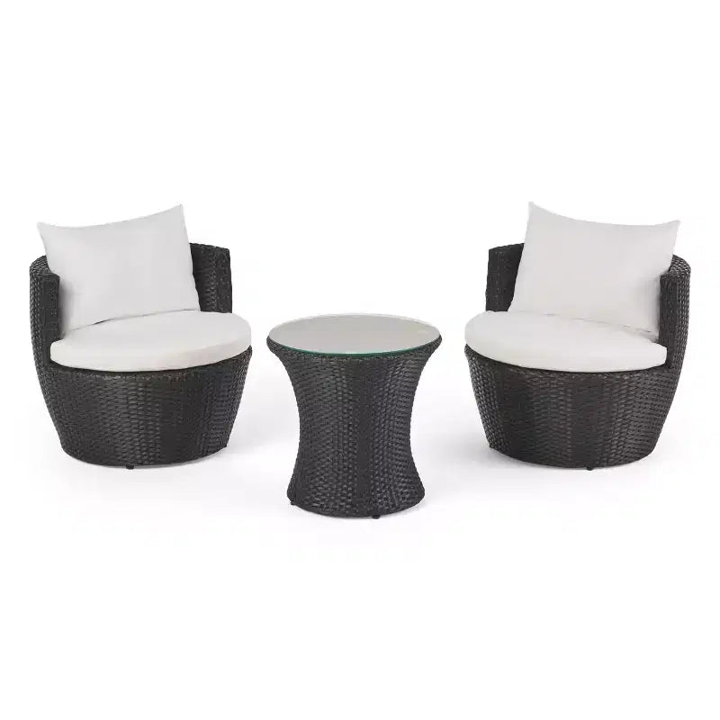 Ensemble de conversation d’extérieur ModernLuxe 3 pièces en osier, ensemble de salon de patio, fauteuils en rotin PE avec coussins et table en verre trempé