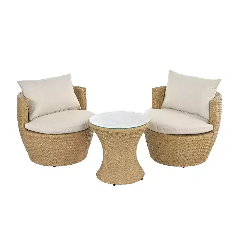 Ensemble de conversation d’extérieur ModernLuxe 3 pièces en osier, ensemble de salon de patio, fauteuils en rotin PE avec coussins et table en verre trempé