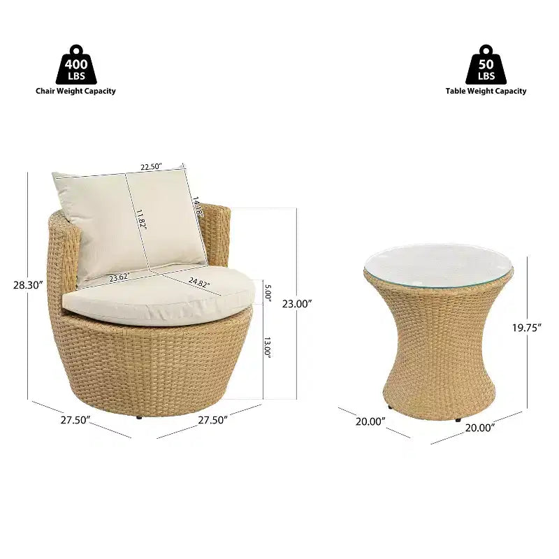 Ensemble de conversation d’extérieur ModernLuxe 3 pièces en osier, ensemble de salon de patio, fauteuils en rotin PE avec coussins et table en verre trempé