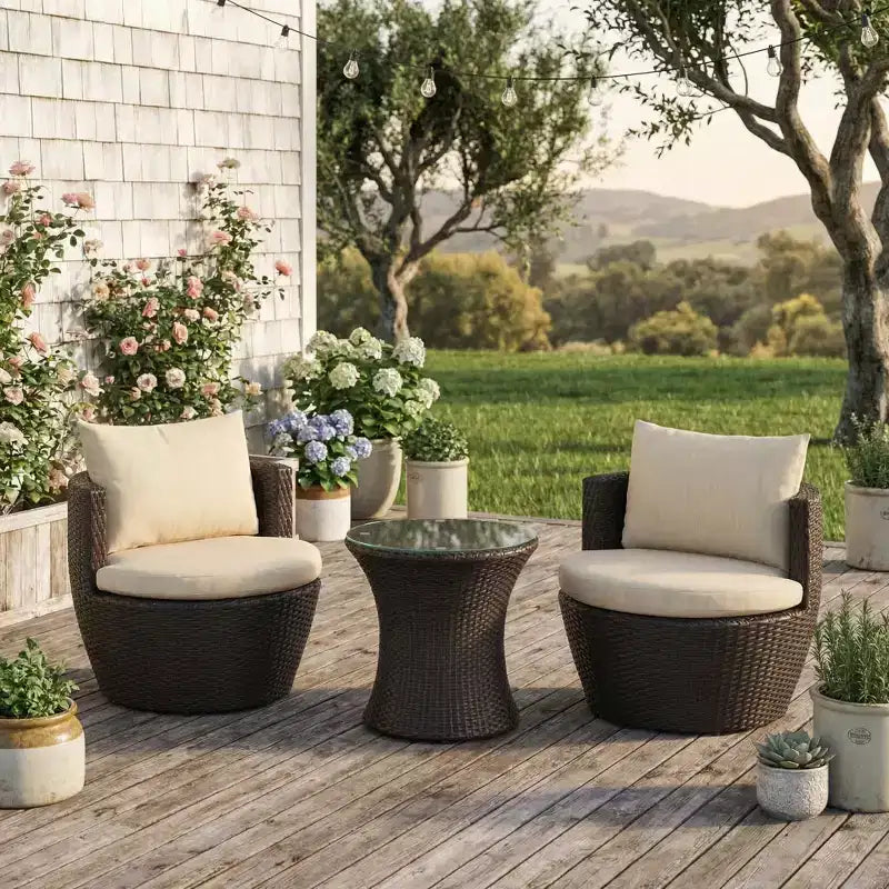 Conjunto de conversación para exterior ModernLuxe de 3 piezas, conjunto de patio de mimbre, sillones de ratán PE con cojines y mesa de vidrio templado