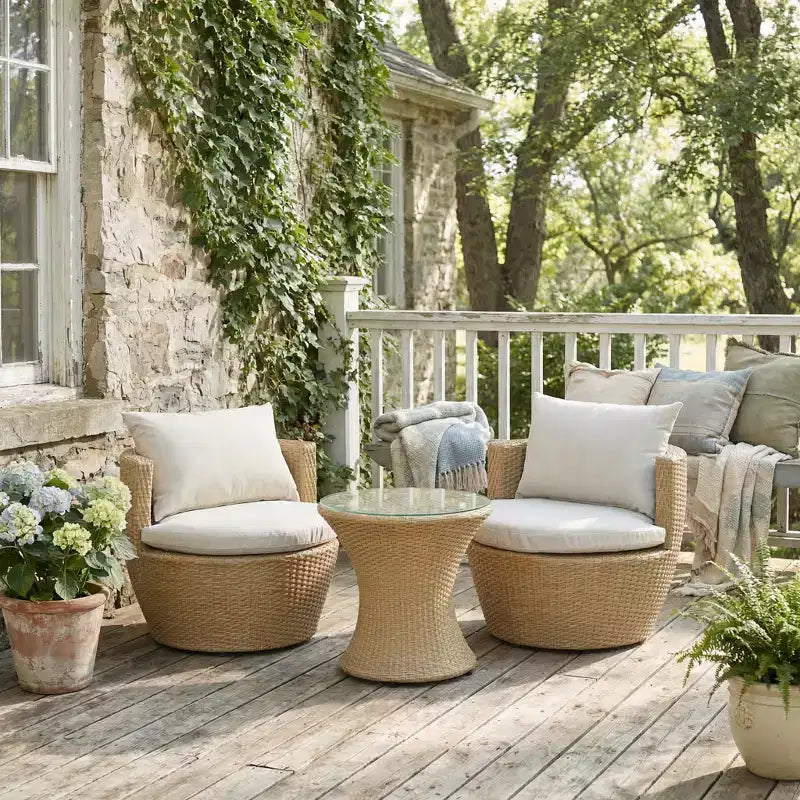 Conjunto de conversación para exterior ModernLuxe de 3 piezas, conjunto de patio de mimbre, sillones de ratán PE con cojines y mesa de vidrio templado
