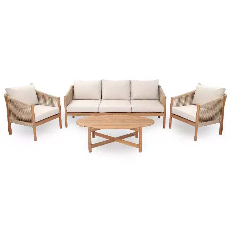 Ensemble de patio moderne Christopher Knight Home Adewale en acacia, 4 pièces, avec coussin, table à lattes et design en corde