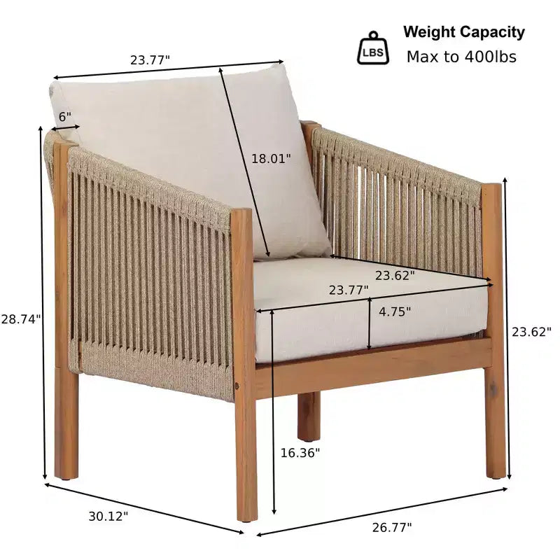 Ensemble de patio moderne Christopher Knight Home Adewale en acacia, 4 pièces, avec coussin, table à lattes et design en corde
