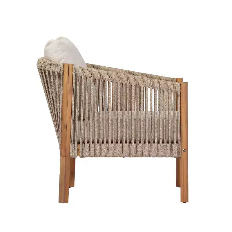 Ensemble de patio moderne Christopher Knight Home Adewale en acacia, 4 pièces, avec coussin, table à lattes et design en corde
