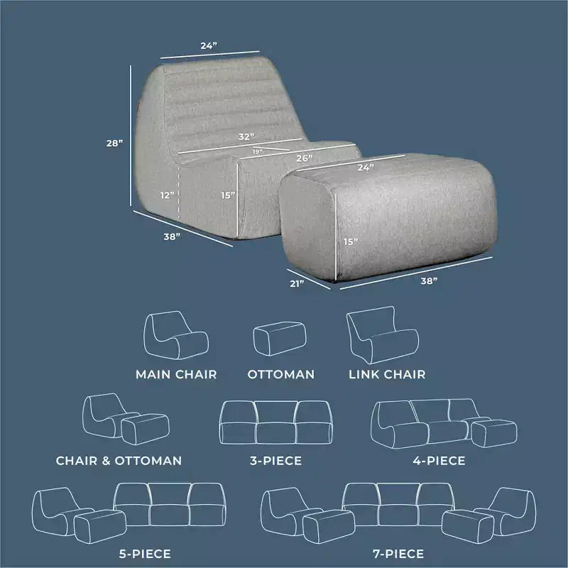 Big Joe Solvana Juego de muebles para patio exterior, silla y otomana de tela de lino Performance resistente a la intemperie, seccional de 2 piezas, gris Port