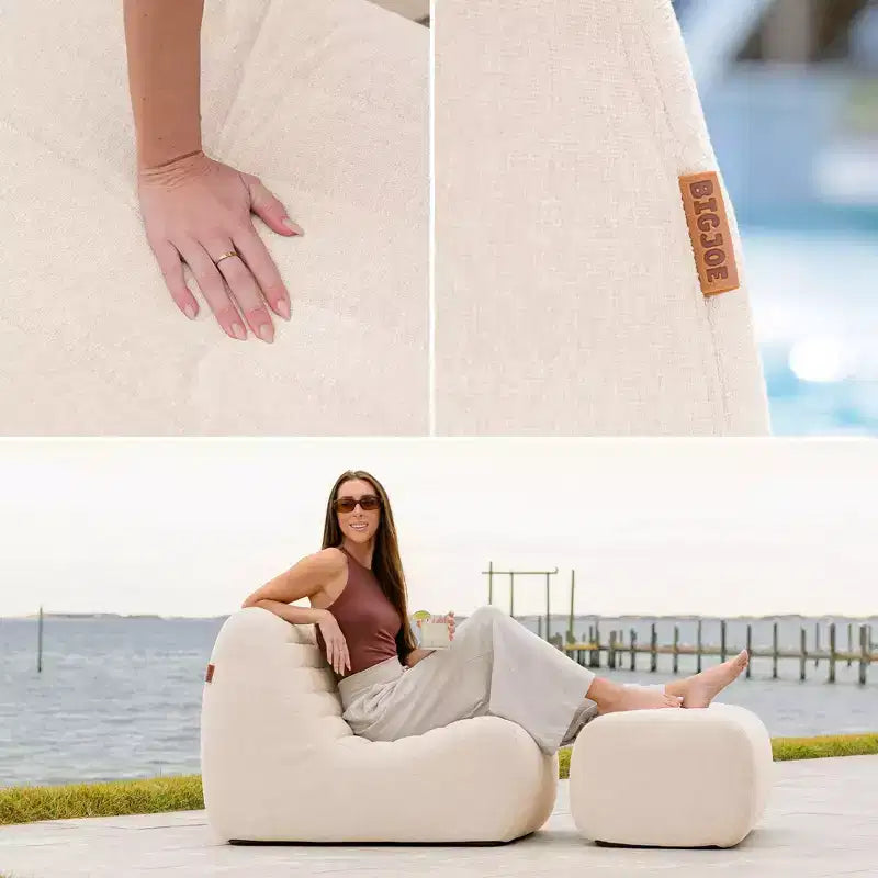 Conjunto de muebles de exterior para patio Solvana de Big Joe, silla y otomana de tela resistente a la intemperie, de lino de alto rendimiento, conjunto seccional de 2 piezas, crema iluminada por el sol