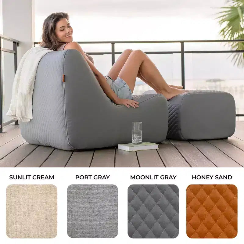 Conjunto de muebles de exterior para patio Solvana de Big Joe, silla y otomana de cuero cosido de silicona de tacto fresco, resistente a la intemperie, conjunto seccional de 2 piezas, gris iluminado por la luna
