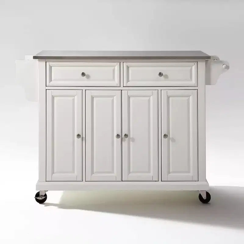Full Size Stainless Steel Top Kitchen Cart White - Crosley: Mobile Storage, 3 Cabinets, Spice Rack