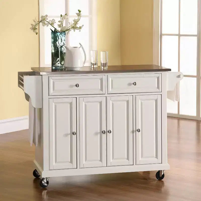 Full Size Stainless Steel Top Kitchen Cart White, Mobile Storage with 3 Cabinets and Spice Rack