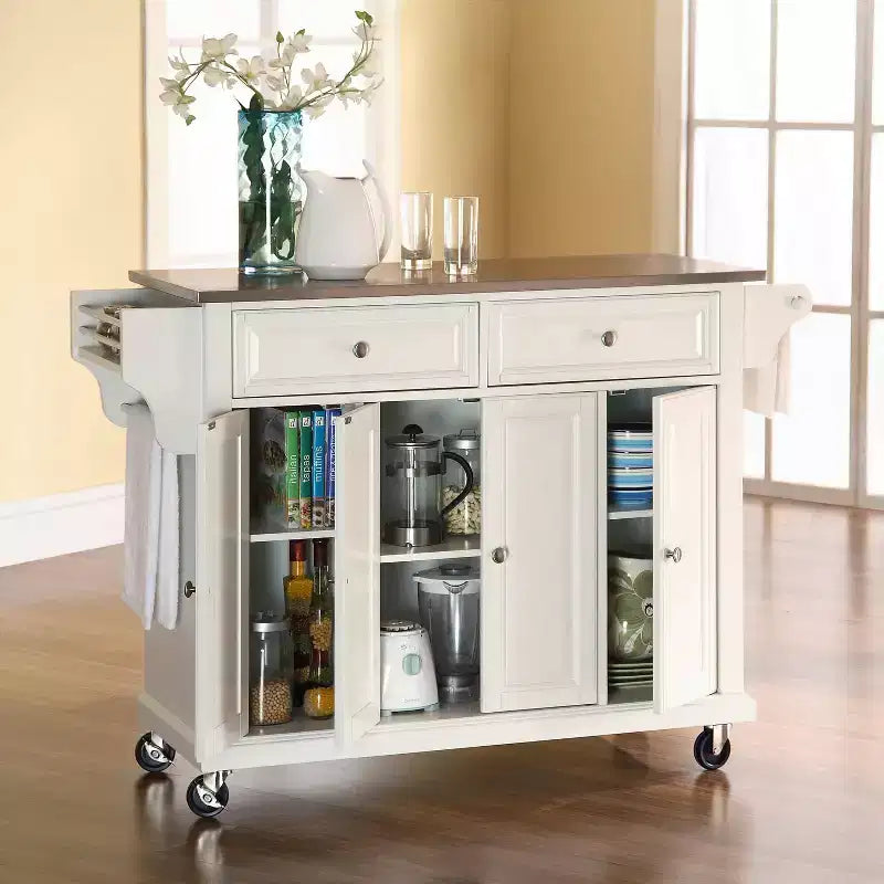 Full Size Stainless Steel Top Kitchen Cart White, Mobile Storage with 3 Cabinets and Spice Rack