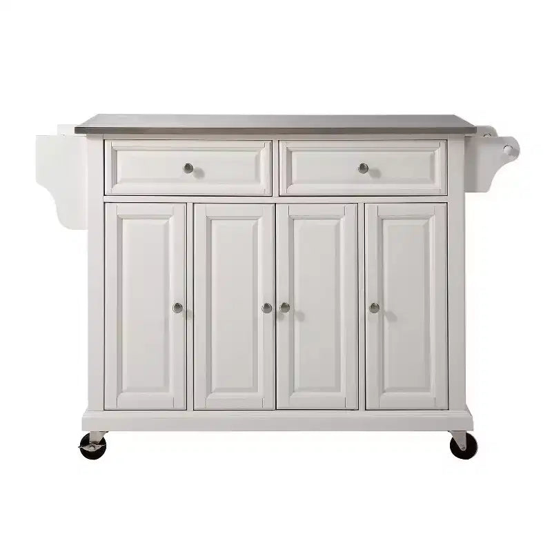 Full Size Stainless Steel Top Kitchen Cart White, Mobile Storage with 3 Cabinets and Spice Rack