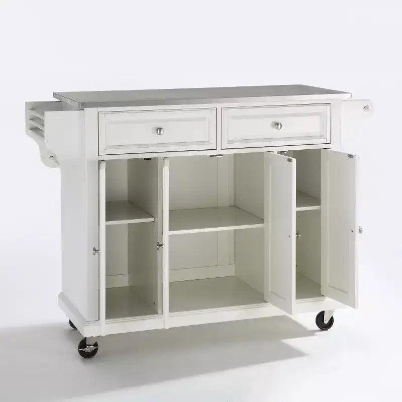 Full Size Stainless Steel Top Kitchen Cart White, Mobile Storage with 3 Cabinets and Spice Rack