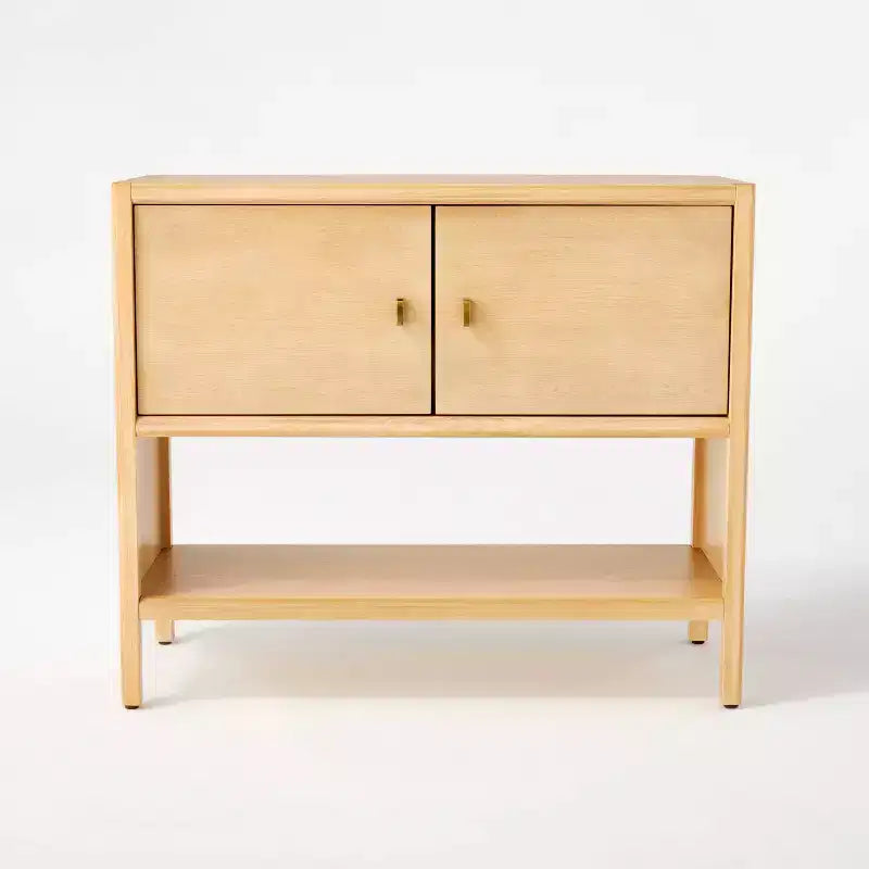 2-Door Cabinet Natural, Wood Frame with Brass-Finish Handles