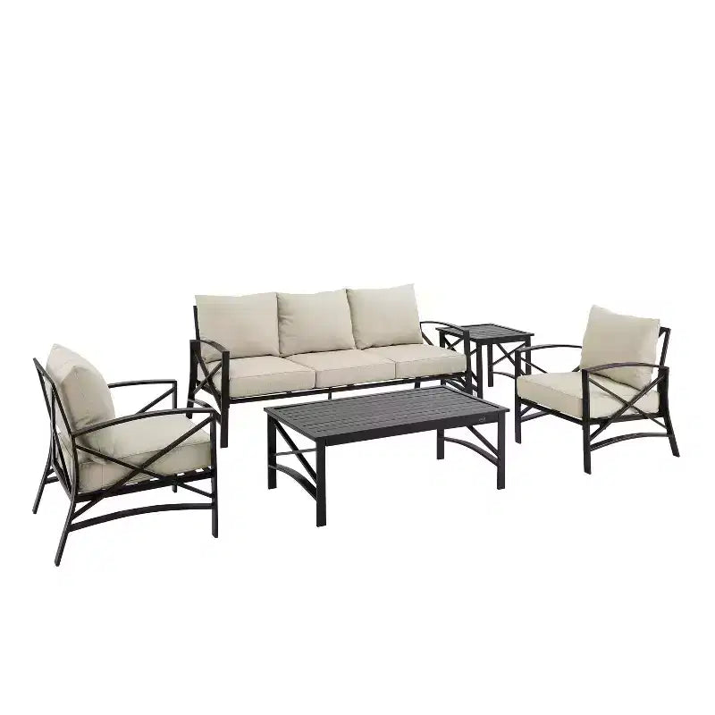 Conjunto de sofá de exterior Kaplan de 5 piezas con sofá y 2 sillas, mesa de centro y mesa auxiliar - Crosley