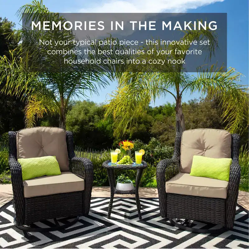 Conjunto de muebles de mimbre para bistró de patio de 3 piezas Best Choice Products con 2 sillas mecedoras giratorias acolchadas y mesa auxiliar