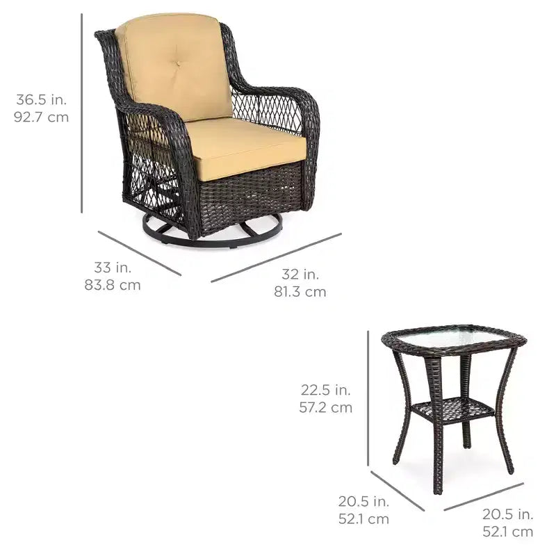 Conjunto de muebles de mimbre para bistró de patio de 3 piezas Best Choice Products con 2 sillas mecedoras giratorias acolchadas y mesa auxiliar