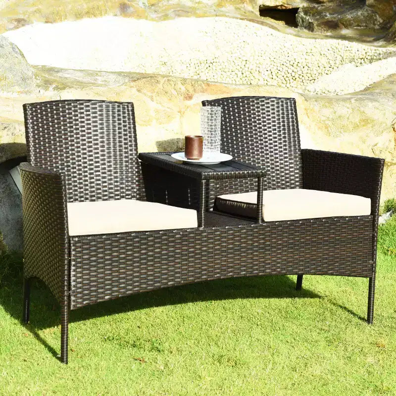 Conjunto de conversación de ratán para patio Costway con patente, sofá de dos plazas, mesa, sillas y cojines