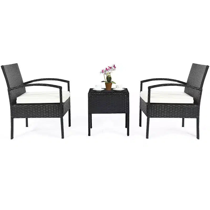 Costway 3PCS Patio Rattan Furniture Set Table & Chairs Set with Thick Cushions Garden