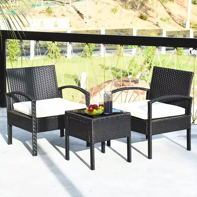 Costway 3PCS Patio Rattan Furniture Set Table & Chairs Set with Thick Cushions Garden