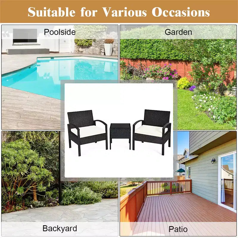 Costway 3PCS Patio Rattan Furniture Set Table & Chairs Set with Thick Cushions Garden