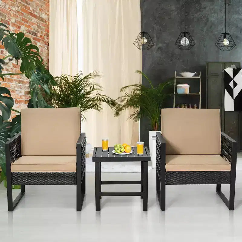 Conjunto de muebles bistró de ratán para patio de 3 piezas Costway, sofá y silla acolchados con mesa de café para jardín