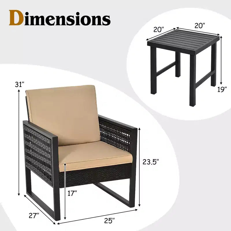 Conjunto de muebles bistró de ratán para patio de 3 piezas Costway, sofá y silla acolchados con mesa de café para jardín
