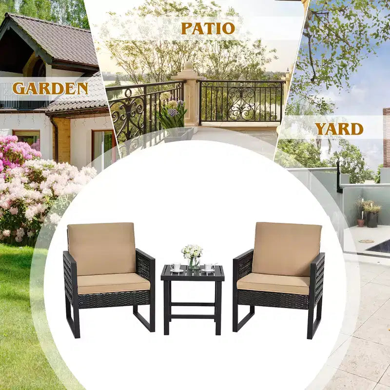 Conjunto de muebles bistró de ratán para patio de 3 piezas Costway, sofá y silla acolchados con mesa de café para jardín