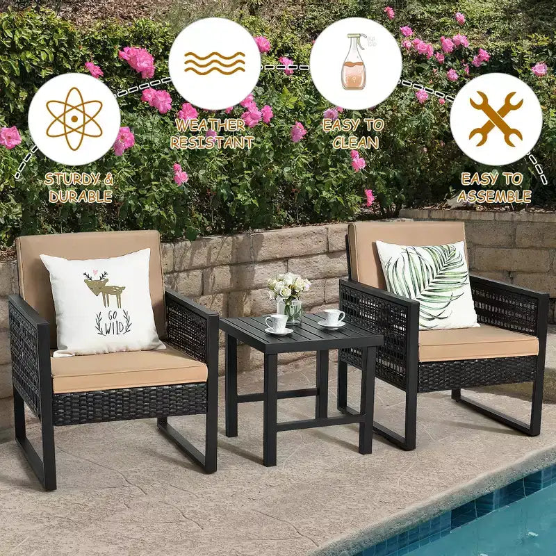 Conjunto de muebles bistró de ratán para patio de 3 piezas Costway, sofá y silla acolchados con mesa de café para jardín