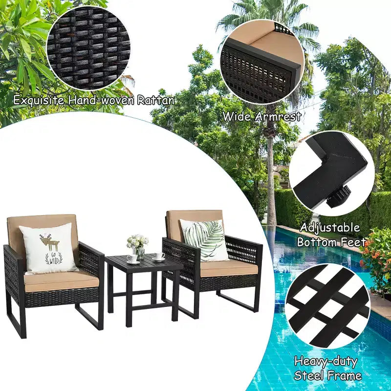 Conjunto de muebles bistró de ratán para patio de 3 piezas Costway, sofá y silla acolchados con mesa de café para jardín