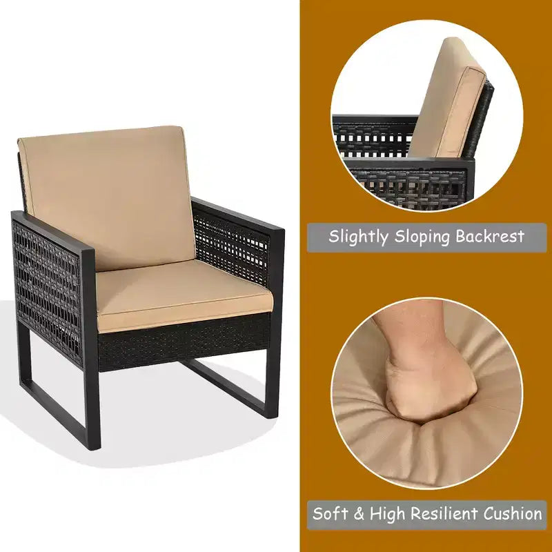 Conjunto de muebles bistró de ratán para patio de 3 piezas Costway, sofá y silla acolchados con mesa de café para jardín