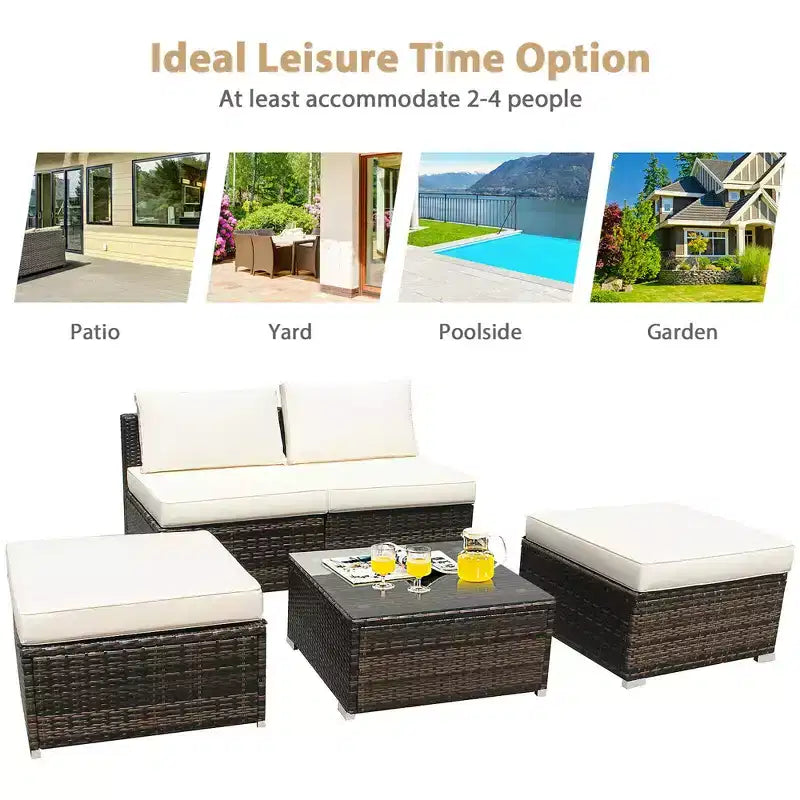 Conjunto de muebles de ratán y mimbre para patio Costway de 5 piezas, sofá sin reposabrazos, otomana acolchada, jardín