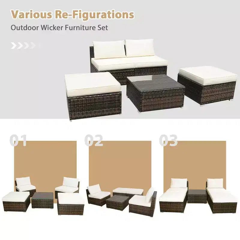 Conjunto de muebles de ratán y mimbre para patio Costway de 5 piezas, sofá sin reposabrazos, otomana acolchada, jardín