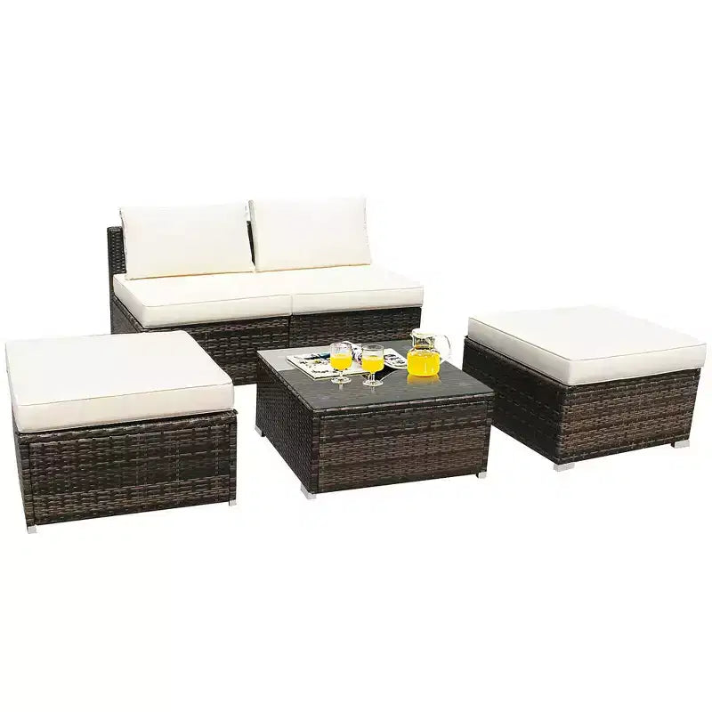 Conjunto de muebles de ratán y mimbre para patio Costway de 5 piezas, sofá sin reposabrazos, otomana acolchada, jardín
