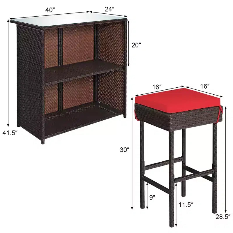 Ensemble de repas de patio Costway de 3 pièces en rotin et osier, avec table haute, tabourets et chaises rembourrées, rouge jardin