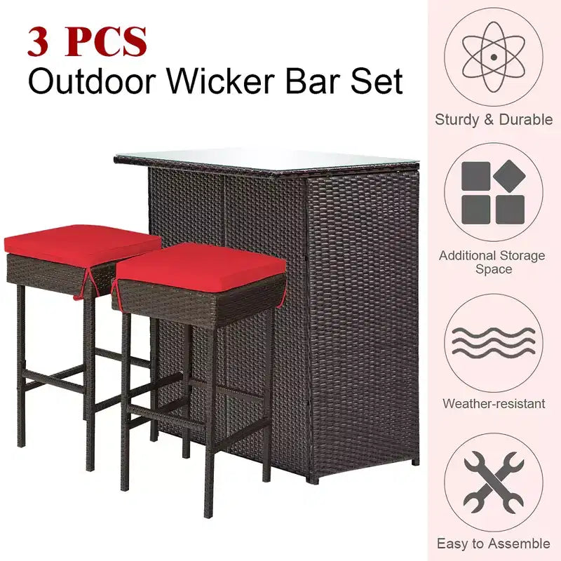 Ensemble de repas de patio Costway de 3 pièces en rotin et osier, avec table haute, tabourets et chaises rembourrées, rouge jardin