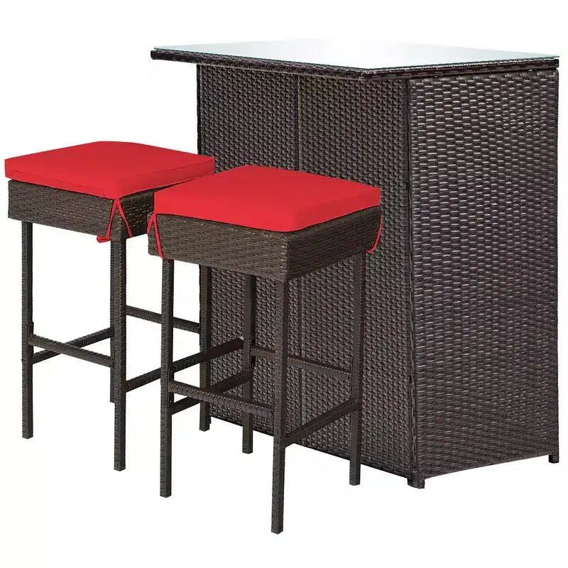 Ensemble de repas de patio Costway de 3 pièces en rotin et osier, avec table haute, tabourets et chaises rembourrées, rouge jardin