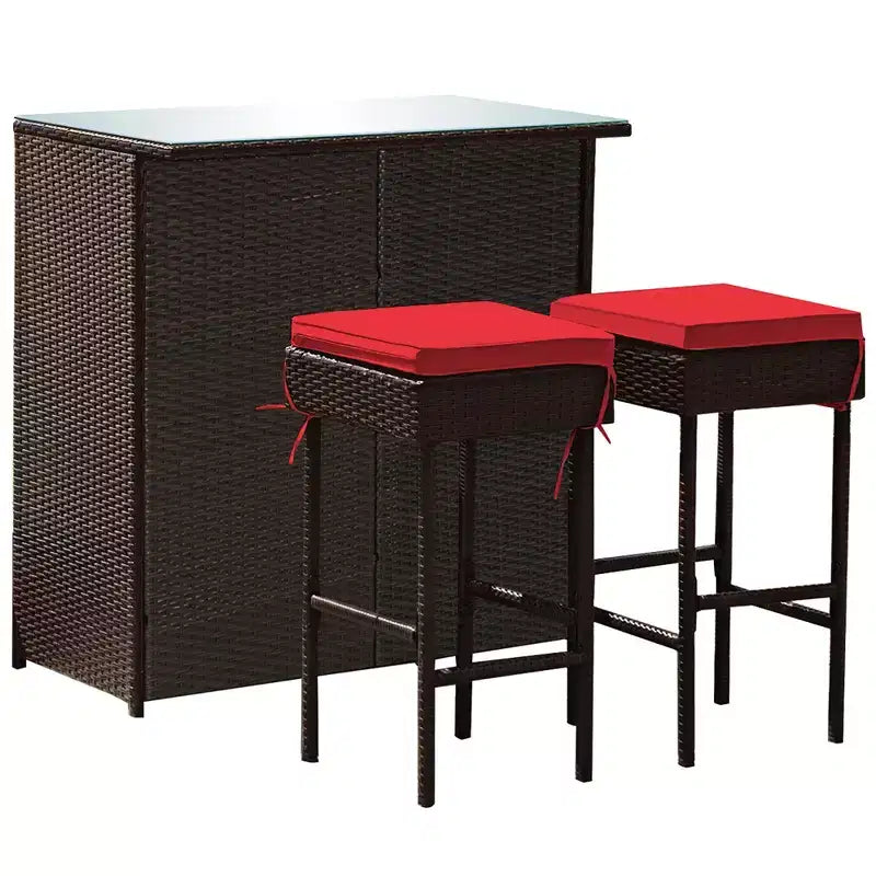 Ensemble de repas de patio Costway de 3 pièces en rotin et osier, avec table haute, tabourets et chaises rembourrées, rouge jardin