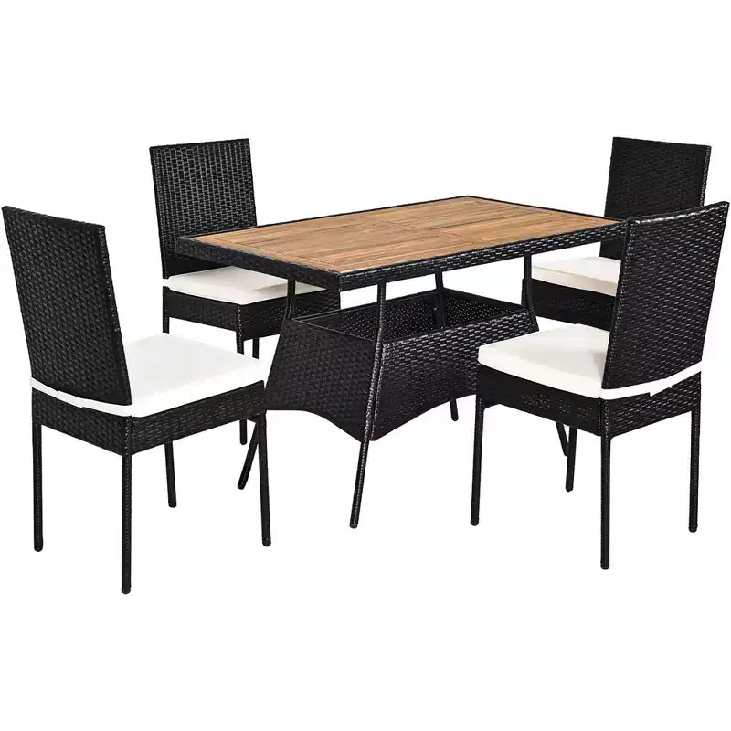 Ensemble de mobilier de patio en rotin Costway 5 pièces, table avec plateau en bois et chaises avec coussins, pour jardin, cour et terrasse