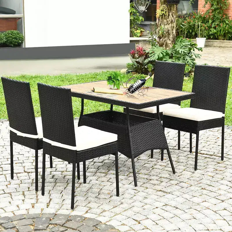 Ensemble de mobilier de patio en rotin Costway 5 pièces, table avec plateau en bois et chaises avec coussins, pour jardin, cour et terrasse