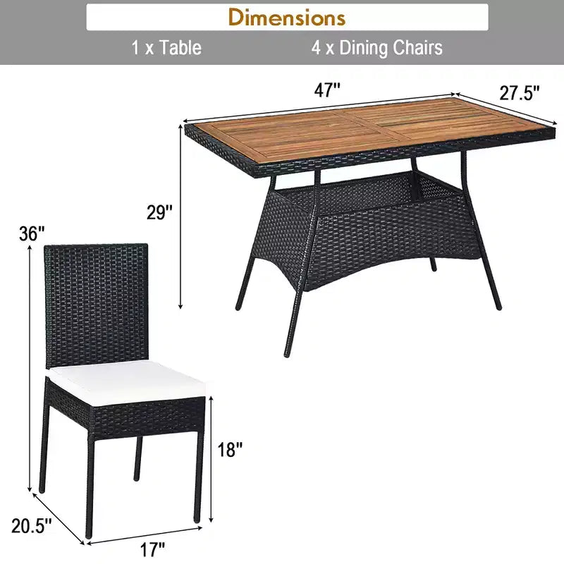 Ensemble de mobilier de patio en rotin Costway 5 pièces, table avec plateau en bois et chaises avec coussins, pour jardin, cour et terrasse
