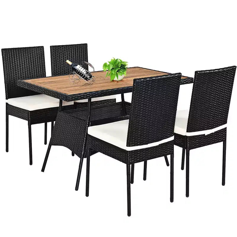 Ensemble de mobilier de patio en rotin Costway 5 pièces, table avec plateau en bois et chaises avec coussins, pour jardin, cour et terrasse
