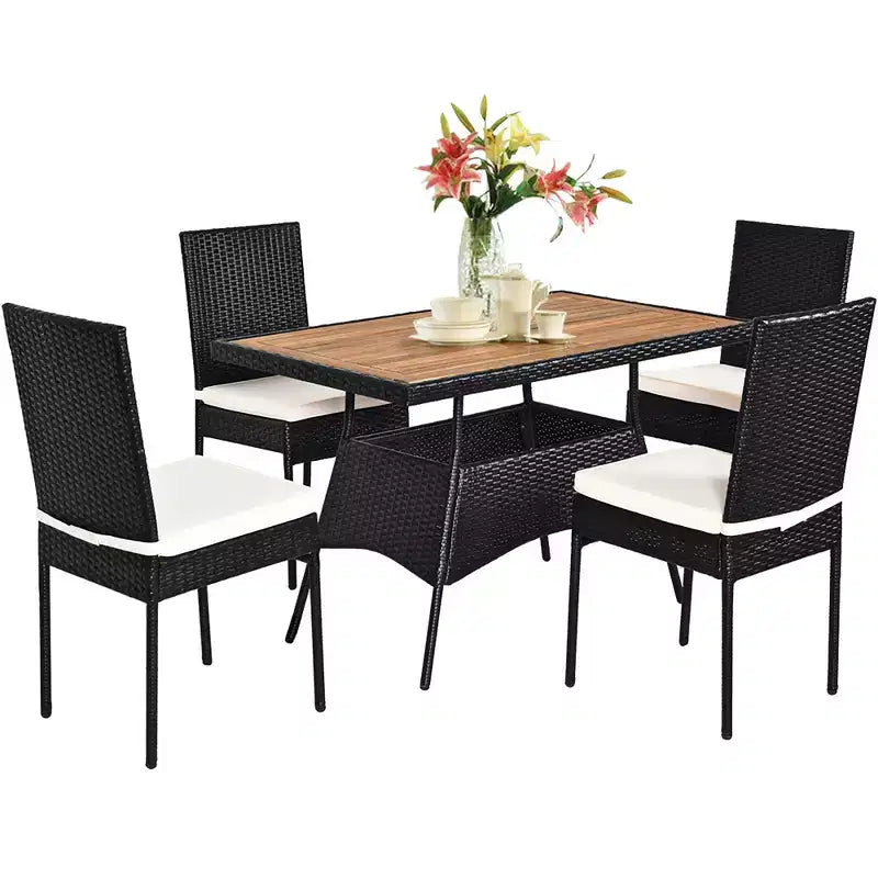 Ensemble de mobilier de patio en rotin Costway 5 pièces, table avec plateau en bois et chaises avec coussins, pour jardin, cour et terrasse