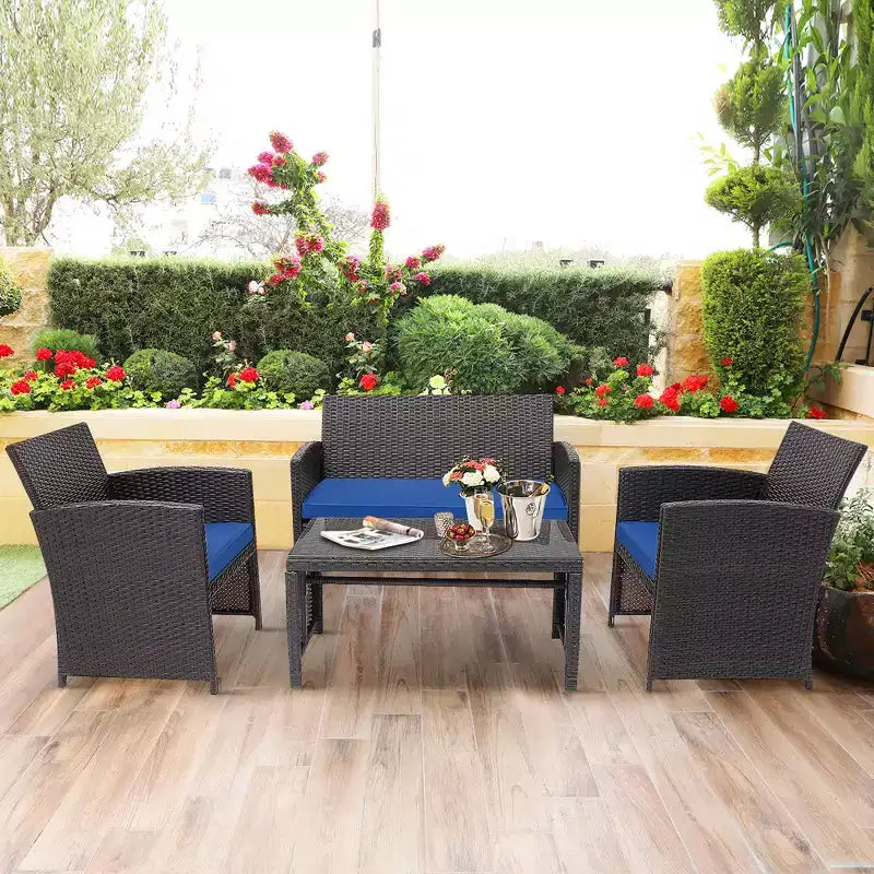 Conjunto de muebles de ratán para patio Costway de 8 piezas, silla acolchada, sofá y mesa de centro Blanco\Azul marino\Turquesa\Rojo